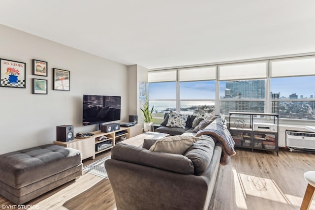 living room featuring a wall of windows, a healthy amount of sunlight, light wood-type flooring, and a wall mounted air conditioner