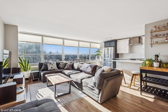 living room with dark hardwood / wood-style floors