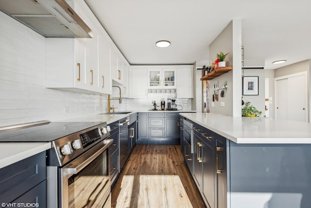 kitchen with white cabinetry, stainless steel appliances, backsplash, blue cabinets, and wall chimney range hood