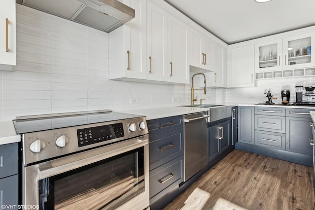 kitchen featuring white cabinets, sink, extractor fan, and stainless steel appliances