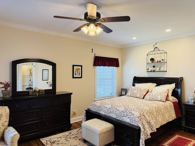 bedroom with a ceiling fan, baseboards, recessed lighting, wood finished floors, and ornamental molding
