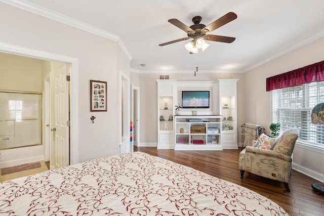 bedroom featuring baseboards, ornamental molding, and wood finished floors