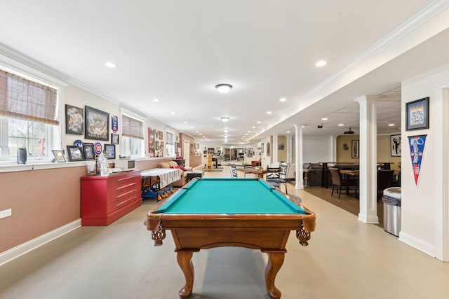 rec room featuring ornamental molding, recessed lighting, and decorative columns