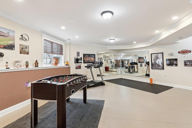 rec room featuring recessed lighting and ornamental molding