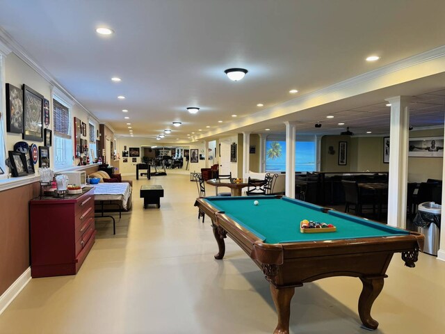 game room with billiards, ornamental molding, and recessed lighting