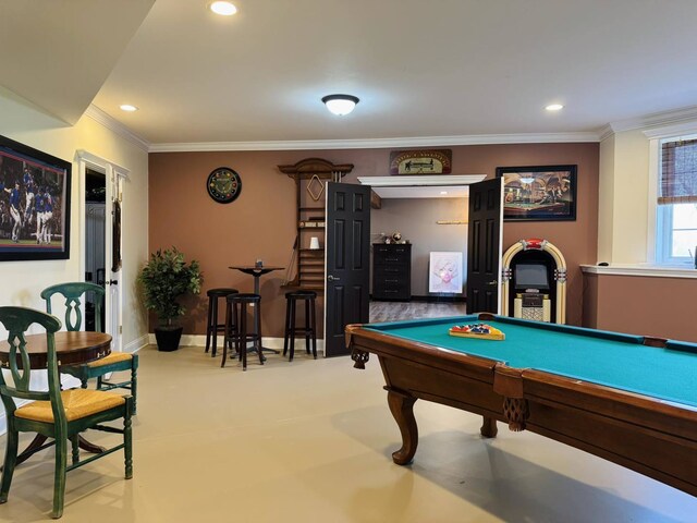 rec room featuring ornamental molding, baseboards, recessed lighting, pool table, and concrete floors