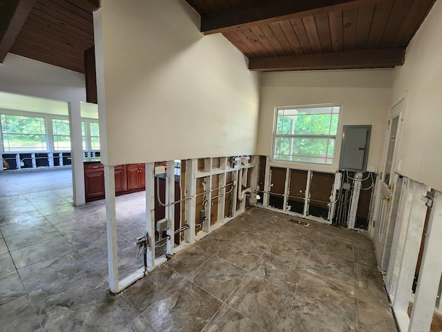 interior space featuring electric panel, wood ceiling, beam ceiling, and plenty of natural light