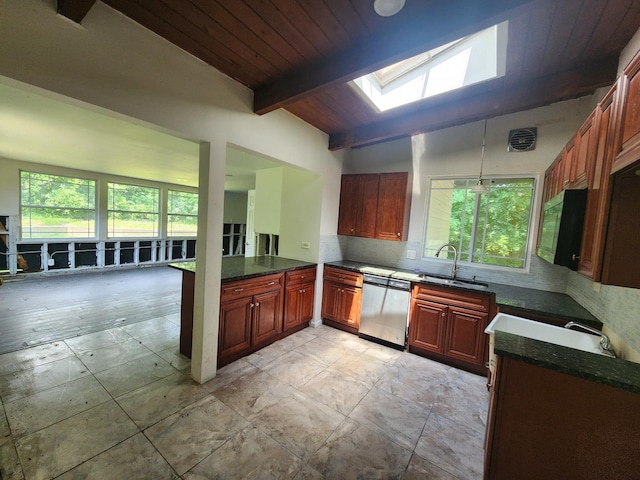 kitchen featuring dishwasher, wood ceiling, tasteful backsplash, sink, and lofted ceiling with skylight