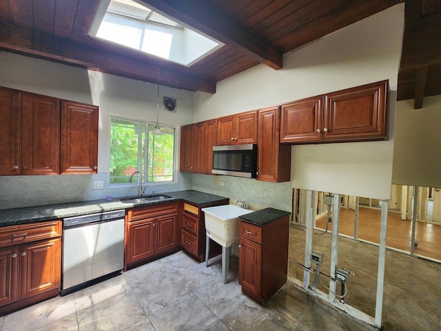 kitchen with vaulted ceiling with beams, decorative backsplash, sink, appliances with stainless steel finishes, and wooden ceiling