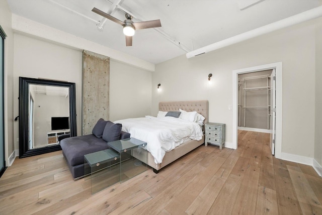 bedroom with ceiling fan, a walk in closet, a closet, and light hardwood / wood-style floors