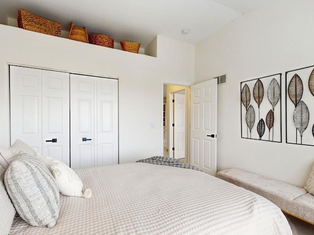 bedroom with vaulted ceiling and a closet