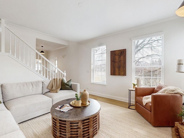 living room featuring hardwood / wood-style flooring and crown molding