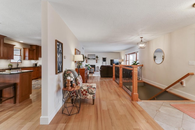 living room featuring sink, a textured ceiling, a healthy amount of sunlight, and light wood-type flooring