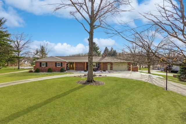 single story home with a garage and a front lawn