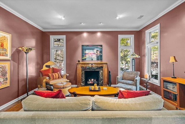 living room featuring hardwood / wood-style flooring, a fireplace, and crown molding