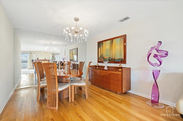 dining room with light hardwood / wood-style flooring and a notable chandelier