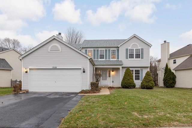 front facade with a garage and a front yard