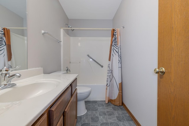 full bathroom with toilet, shower / bathtub combination with curtain, and vanity