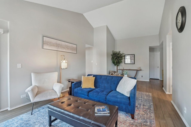 living room featuring dark wood-type flooring and high vaulted ceiling