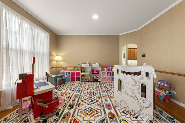 playroom featuring hardwood / wood-style flooring and ornamental molding