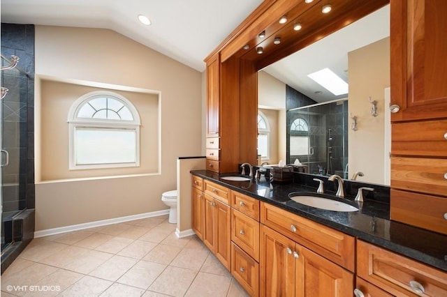 276 Stanton Dr, Buffalo Grove, IL 60089 - bathroom with lofted ceiling, double vanity, a skylight, a stall shower, and tile patterned floors
