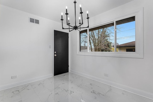 unfurnished dining area with an inviting chandelier