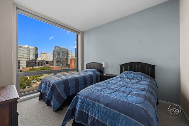 carpeted bedroom featuring multiple windows and a wall of windows