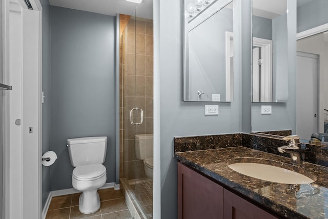 bathroom featuring tile patterned flooring, an enclosed shower, vanity, and toilet