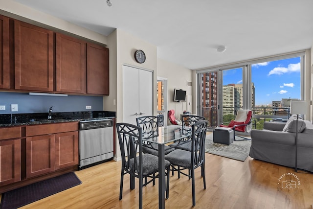 kitchen with dark stone countertops, sink, stainless steel dishwasher, and light hardwood / wood-style flooring