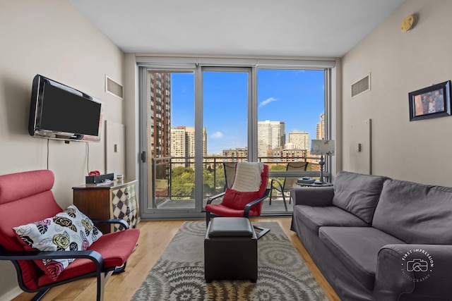 living room featuring floor to ceiling windows, a healthy amount of sunlight, and light hardwood / wood-style flooring