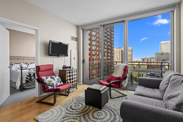 living room featuring floor to ceiling windows and light hardwood / wood-style flooring