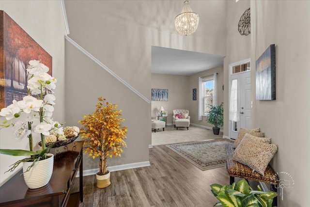 foyer entrance featuring wood-type flooring, a high ceiling, and a notable chandelier