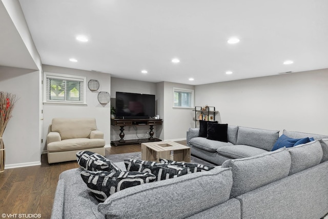 living room featuring dark wood-type flooring