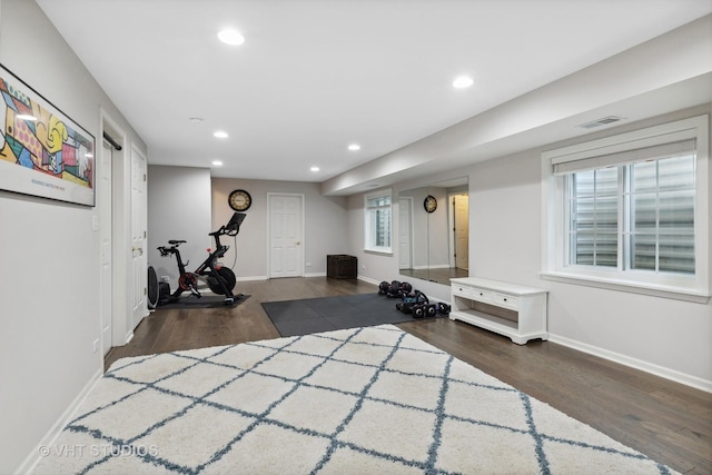 exercise room featuring dark wood-type flooring