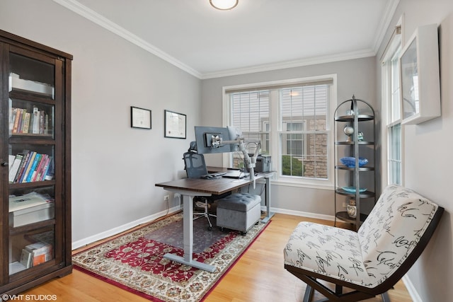 office with hardwood / wood-style flooring and ornamental molding