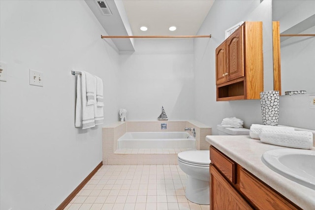 full bathroom with tiled bath, tile patterned flooring, toilet, vanity, and visible vents