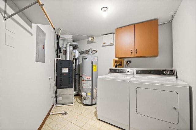 laundry area with cabinet space, electric panel, light floors, water heater, and separate washer and dryer