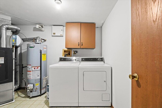 laundry room featuring cabinet space, water heater, independent washer and dryer, and heating unit