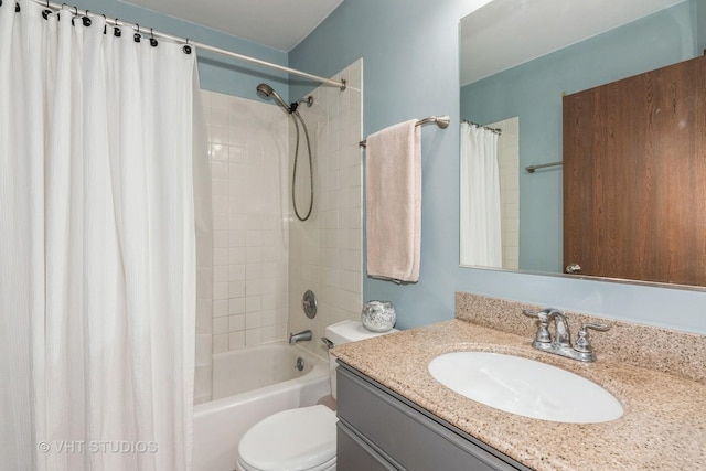 full bathroom with toilet, vanity, and shower / bathtub combination with curtain