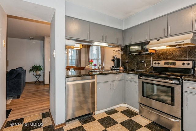 kitchen featuring appliances with stainless steel finishes, sink, and gray cabinetry