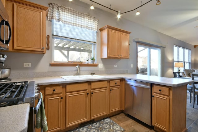 kitchen with stainless steel appliances, kitchen peninsula, and sink