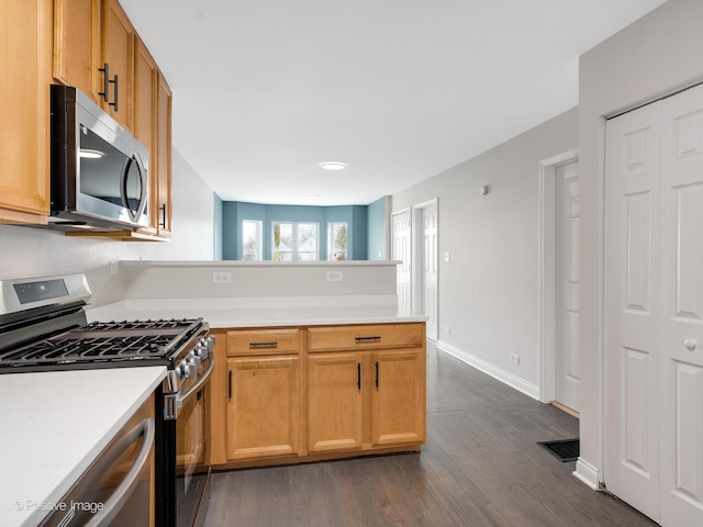 kitchen with kitchen peninsula, appliances with stainless steel finishes, and dark hardwood / wood-style flooring