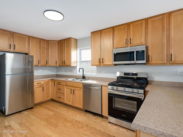 kitchen with light wood-type flooring, appliances with stainless steel finishes, and sink