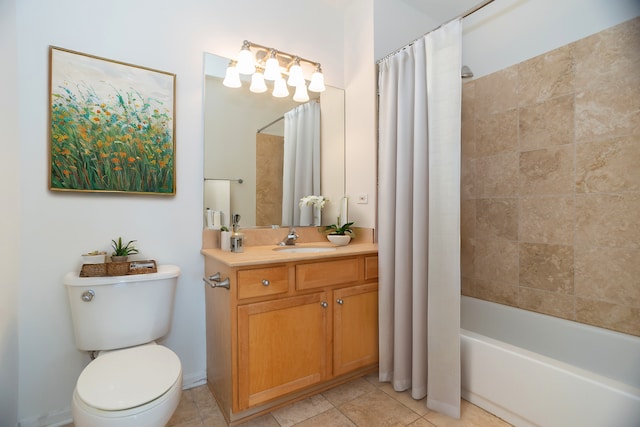 full bathroom featuring toilet, tile patterned flooring, shower / bathtub combination with curtain, and vanity