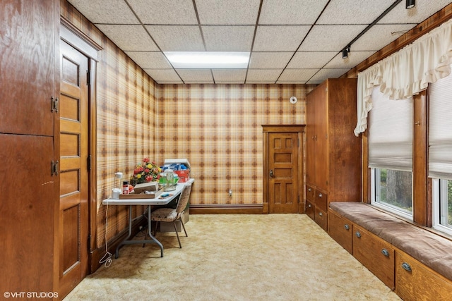 carpeted office featuring a drop ceiling and wooden walls