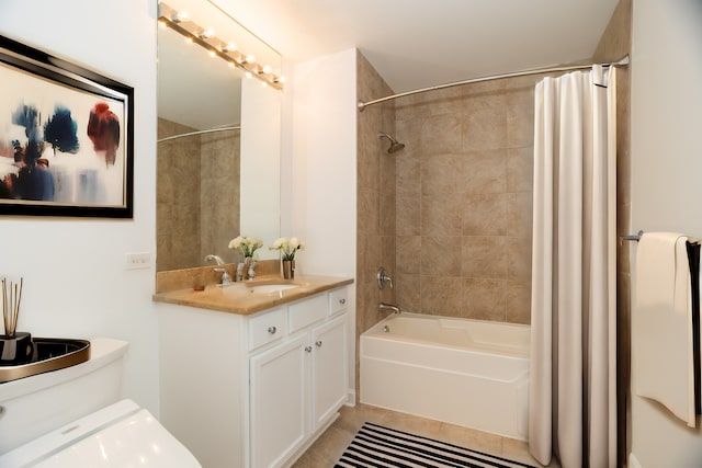 bathroom with vanity, shower / bathtub combination with curtain, and tile patterned floors