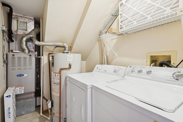 laundry area featuring heating unit, water heater, and washing machine and clothes dryer