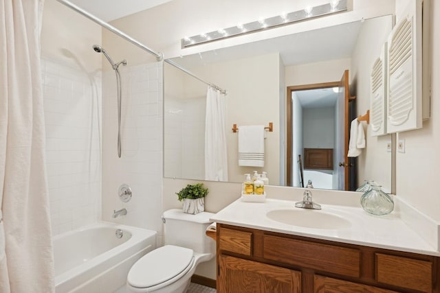 full bathroom featuring toilet, shower / bathtub combination with curtain, and vanity