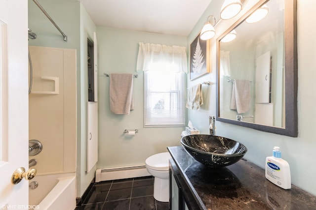 full bathroom featuring toilet, shower / washtub combination, vanity, tile patterned flooring, and a baseboard heating unit