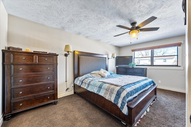 bedroom featuring ceiling fan, a textured ceiling, and dark colored carpet